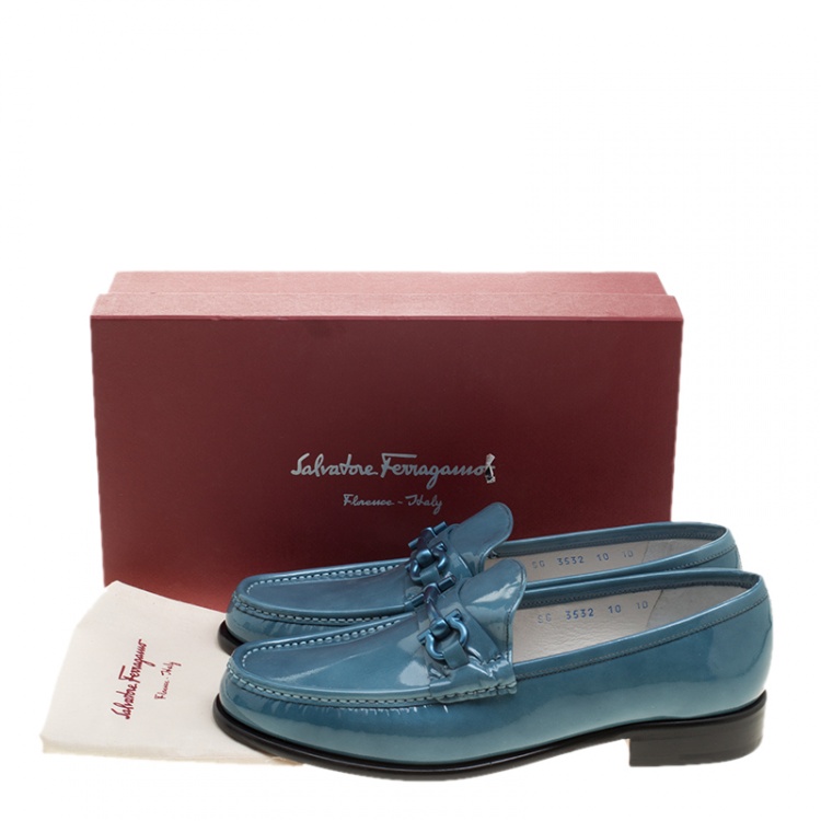 Pre Owned Salvatore Ferragamo Women Teal Patent Leather Mason Gancio Bit Loafers Size 40.5