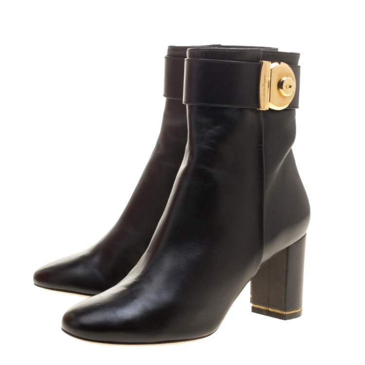 Pre Owned Salvatore Ferragamo Black Leather Fiamma Ankle Boots Size 38.5