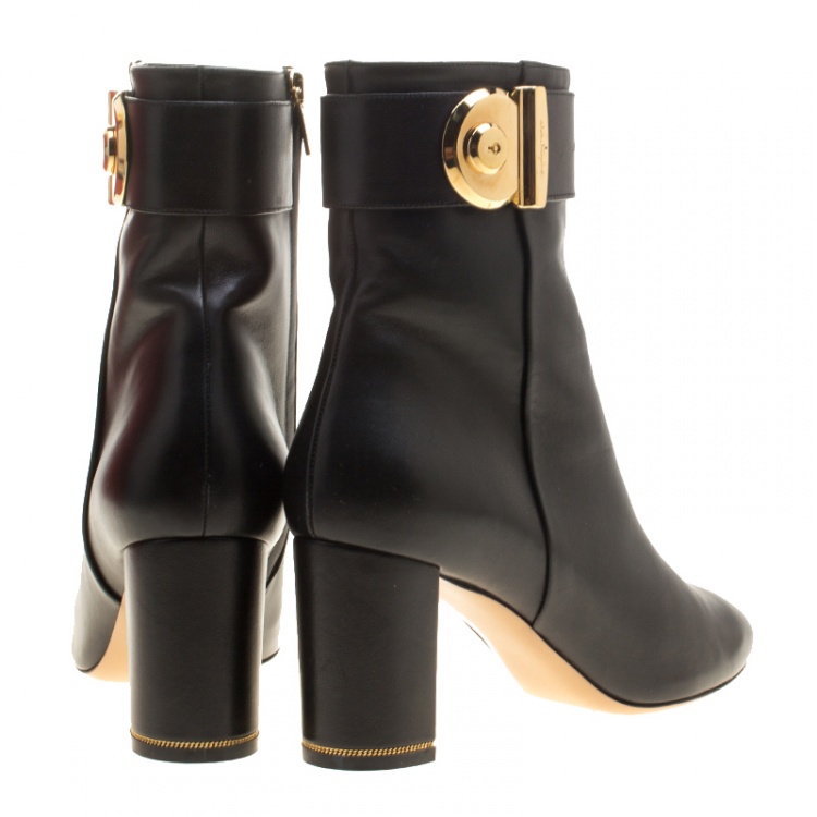Pre Owned Salvatore Ferragamo Black Leather Fiamma Ankle Boots Size 38.5