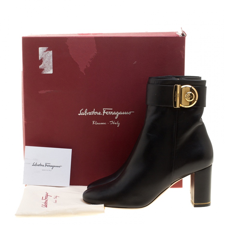 Pre Owned Salvatore Ferragamo Black Leather Fiamma Ankle Boots Size 38.5