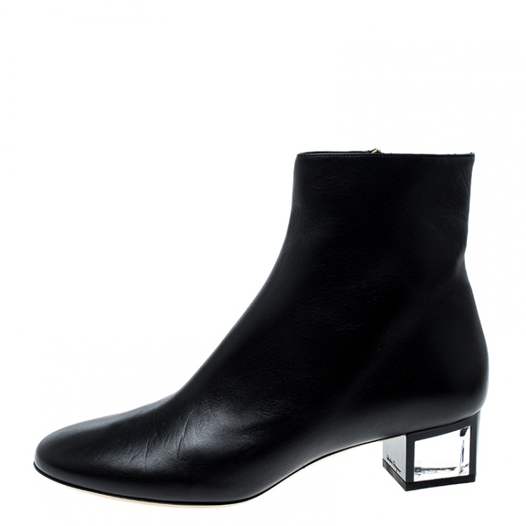 Pre Owned Salvatore Ferragamo Black Leather Crystal Heel Ankle Boots Size 40.5