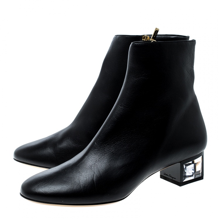 Pre Owned Salvatore Ferragamo Black Leather Crystal Heel Ankle Boots Size 40.5