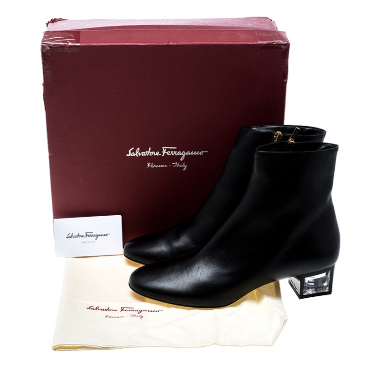 Pre Owned Salvatore Ferragamo Black Leather Crystal Heel Ankle Boots Size 40.5