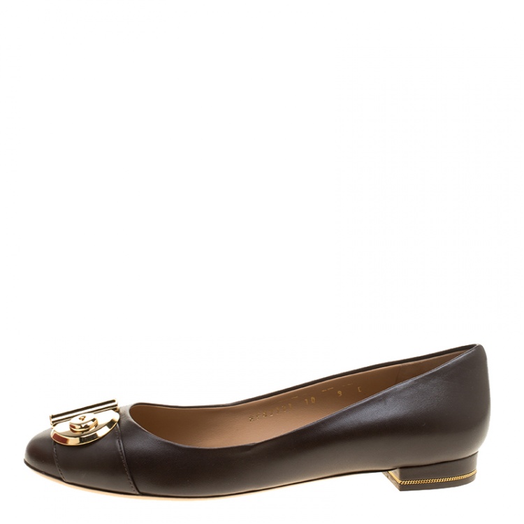 Pre Owned Salvatore Ferragamo Brown Leather Fiamma Keyhole Ballet Flats Size 39.5