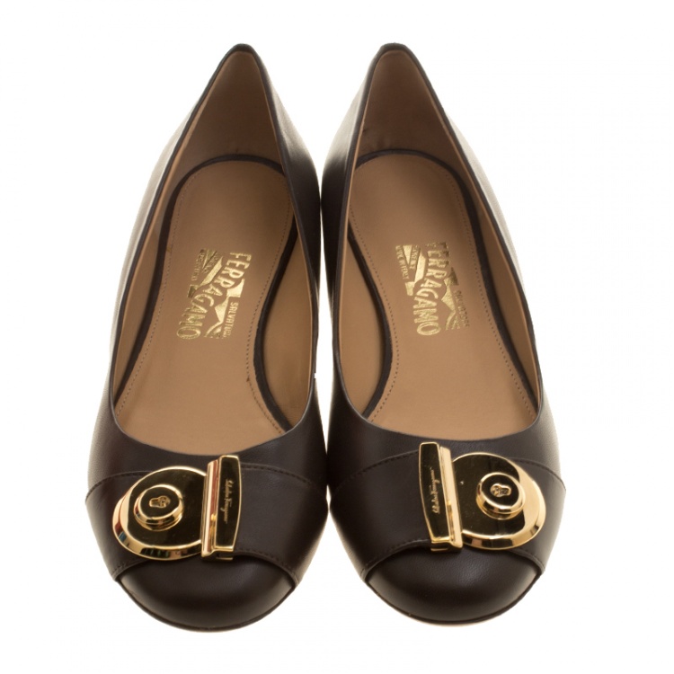 Pre Owned Salvatore Ferragamo Brown Leather Fiamma Keyhole Ballet Flats Size 39.5