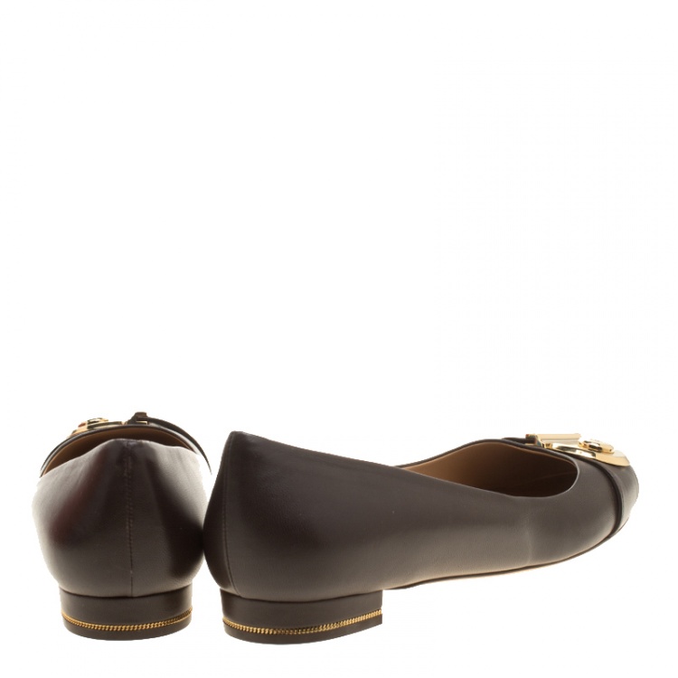 Pre Owned Salvatore Ferragamo Brown Leather Fiamma Keyhole Ballet Flats Size 39.5