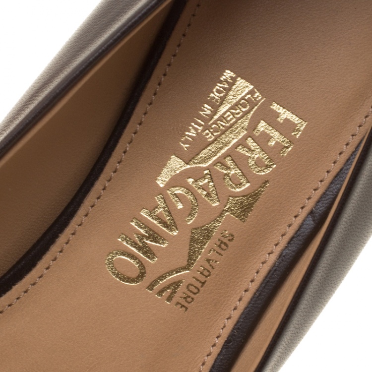 Pre Owned Salvatore Ferragamo Brown Leather Fiamma Keyhole Ballet Flats Size 39.5