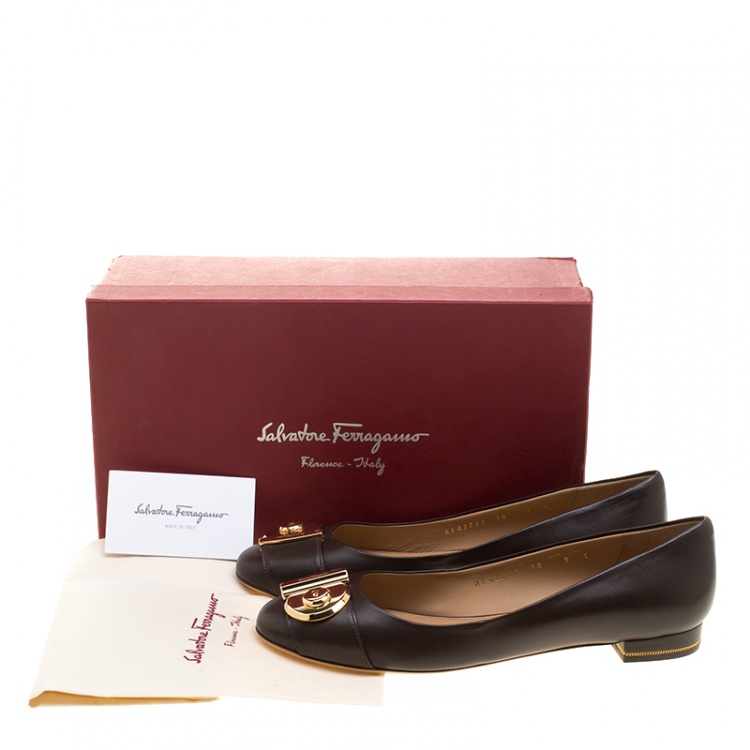 Pre Owned Salvatore Ferragamo Brown Leather Fiamma Keyhole Ballet Flats Size 39.5