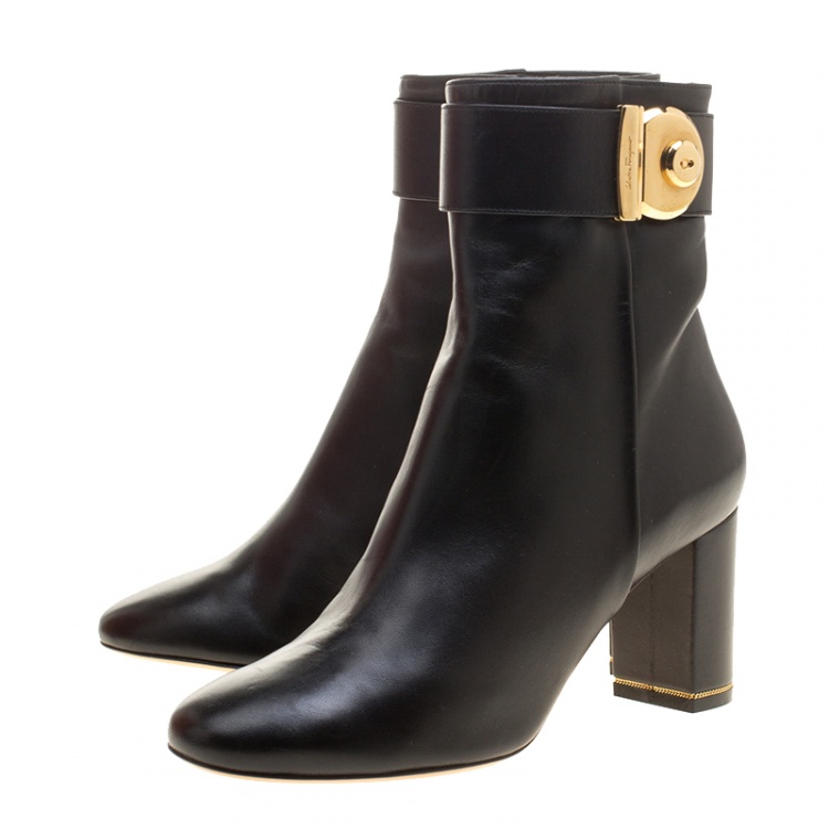 Pre Owned Salvatore Ferragamo Black Leather Fiamma Ankle Boots Size 39