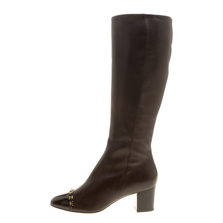 Pre Owned Salvatore Ferragamo Brown Leather Cap Toe Nanni Knee Boots Size 37.5