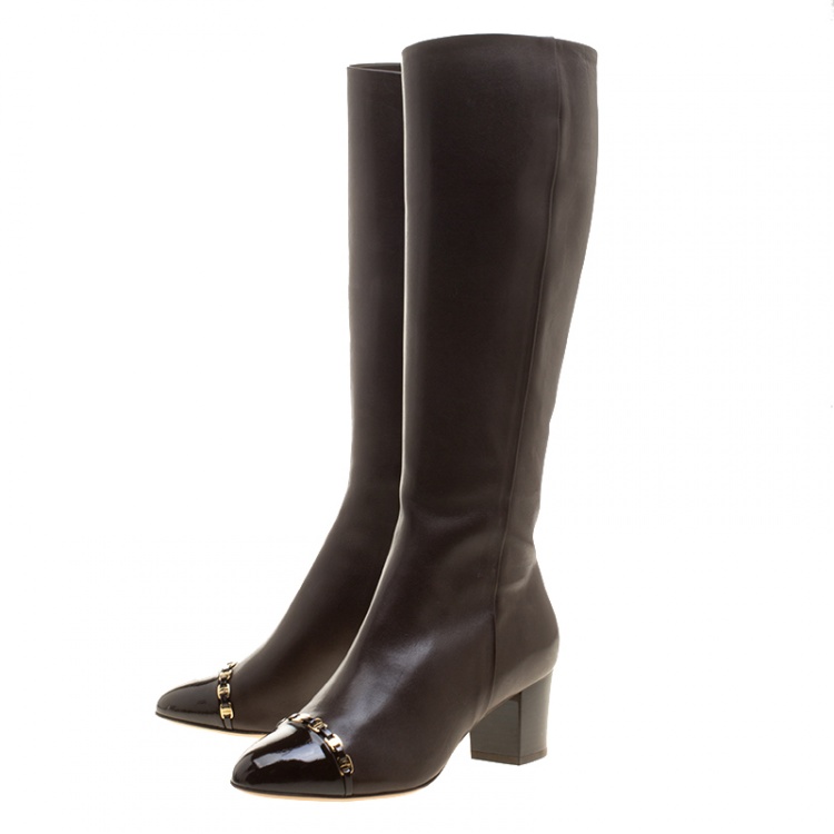 Pre Owned Salvatore Ferragamo Brown Leather Cap Toe Nanni Knee Boots Size 37.5