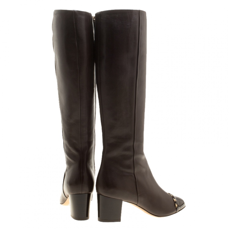 Pre Owned Salvatore Ferragamo Brown Leather Cap Toe Nanni Knee Boots Size 37.5