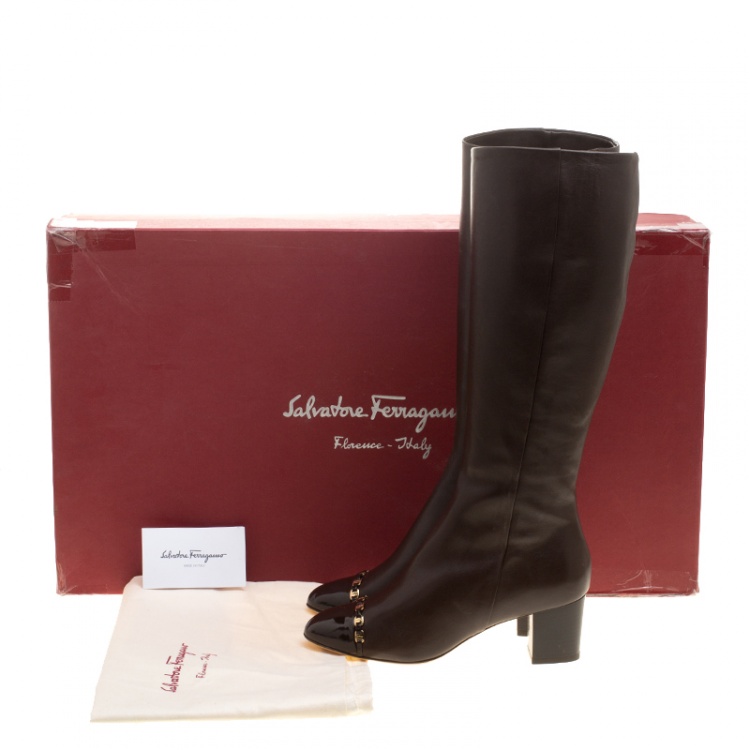 Pre Owned Salvatore Ferragamo Brown Leather Cap Toe Nanni Knee Boots Size 37.5