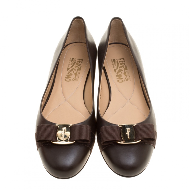 Pre Owned Salvatore Ferragamo Brown Leather Varina Ballet Flats Size 40.5