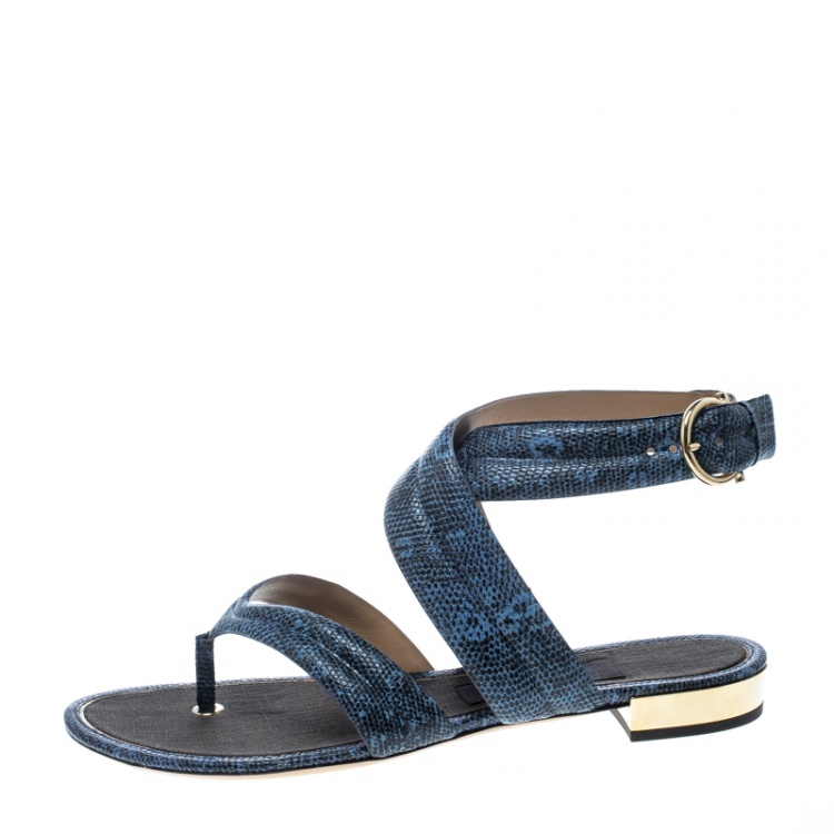 Pre Owned Salvatore Ferragamo Blue Lizard Embossed Leather Magritta Cross Strap Flat Thong Sandals Size 40