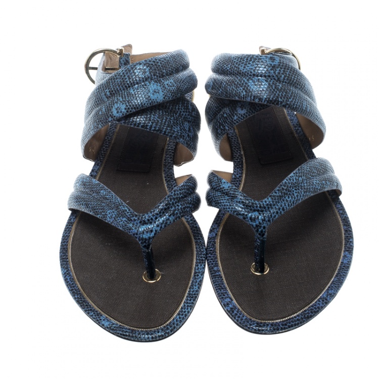 Pre Owned Salvatore Ferragamo Blue Lizard Embossed Leather Magritta Cross Strap Flat Thong Sandals Size 40