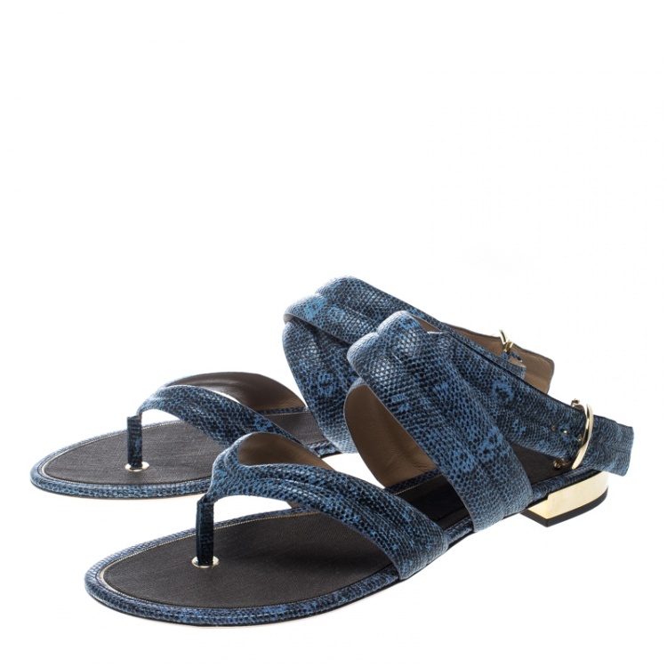 Pre Owned Salvatore Ferragamo Blue Lizard Embossed Leather Magritta Cross Strap Flat Thong Sandals Size 40
