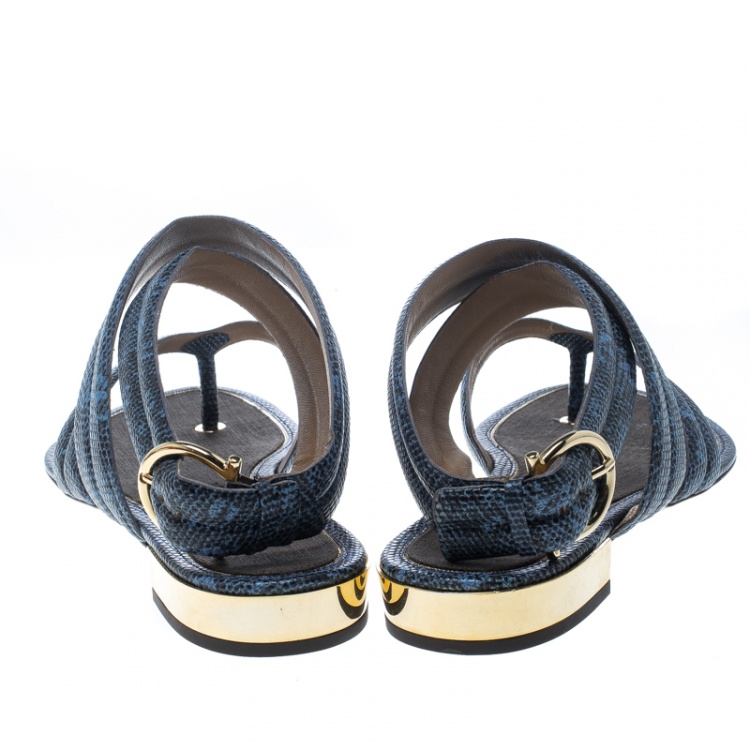 Pre Owned Salvatore Ferragamo Blue Lizard Embossed Leather Magritta Cross Strap Flat Thong Sandals Size 40