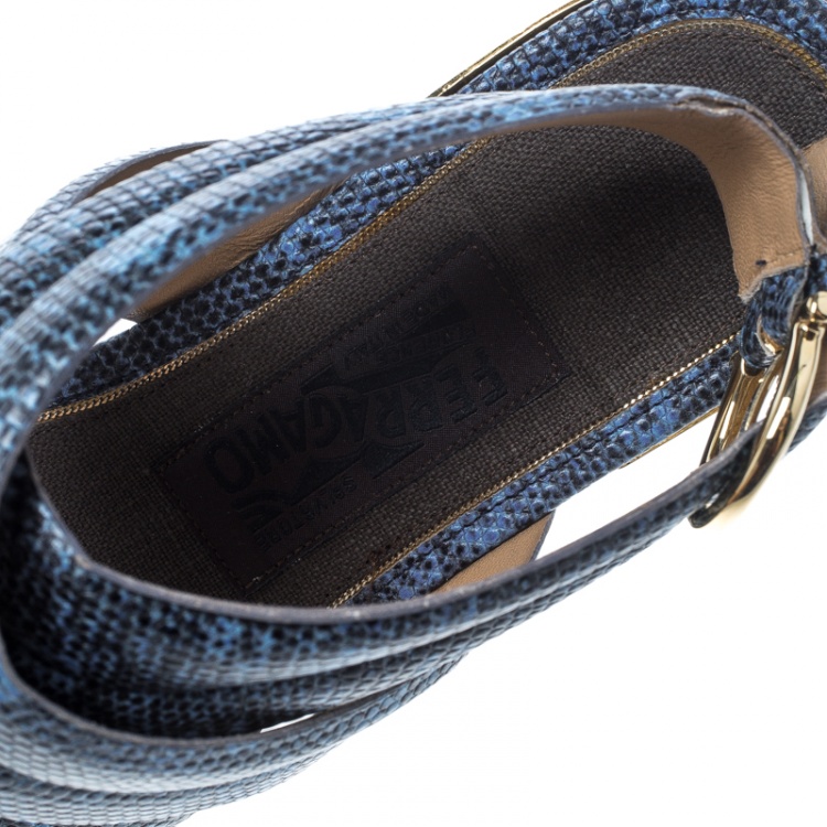 Pre Owned Salvatore Ferragamo Blue Lizard Embossed Leather Magritta Cross Strap Flat Thong Sandals Size 40