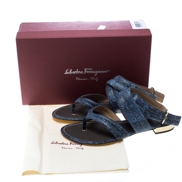 Pre Owned Salvatore Ferragamo Blue Lizard Embossed Leather Magritta Cross Strap Flat Thong Sandals Size 40