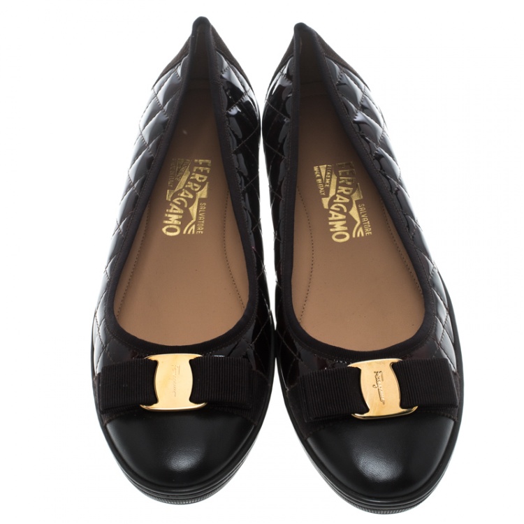 Pre Owned Salvatore Ferragamo Brown Quilted Patent Leather Rufina Sneaker Ballet Flats Size 40.5