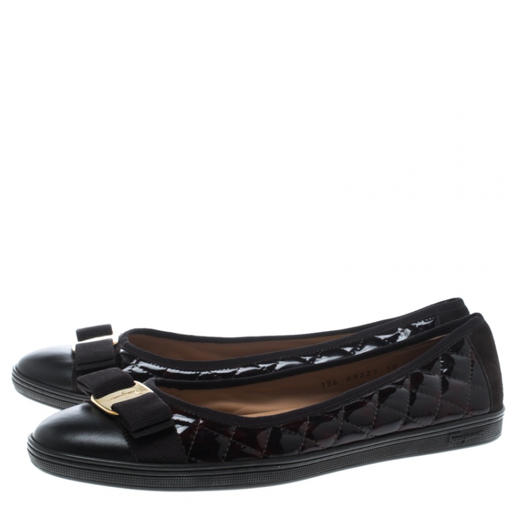 Pre Owned Salvatore Ferragamo Brown Quilted Patent Leather Rufina Sneaker Ballet Flats Size 40.5