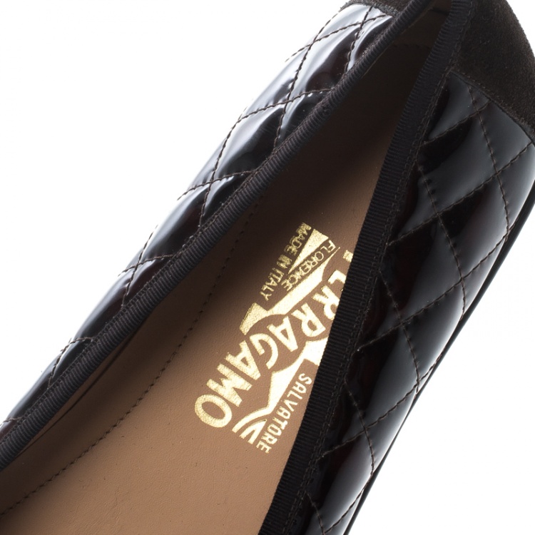 Pre Owned Salvatore Ferragamo Brown Quilted Patent Leather Rufina Sneaker Ballet Flats Size 40.5