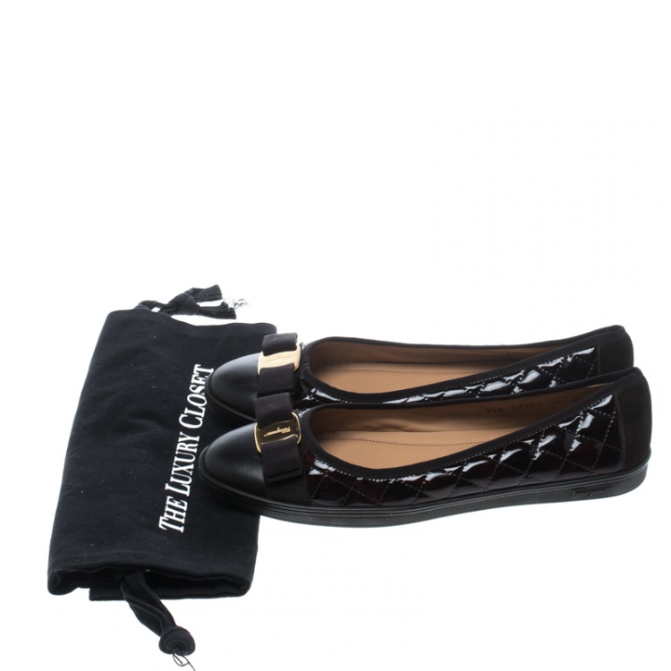Pre Owned Salvatore Ferragamo Brown Quilted Patent Leather Rufina Sneaker Ballet Flats Size 40.5
