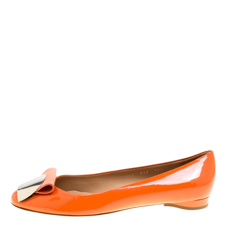 Pre Owned Salvatore Ferragamo Orange Patent Leather Posi Flats Size 41