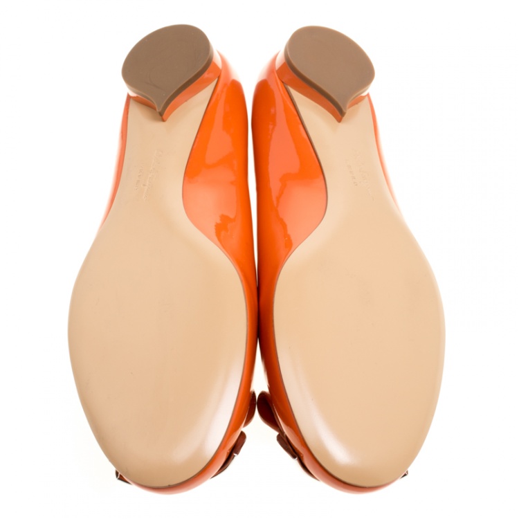 Pre Owned Salvatore Ferragamo Orange Patent Leather Posi Flats Size 41