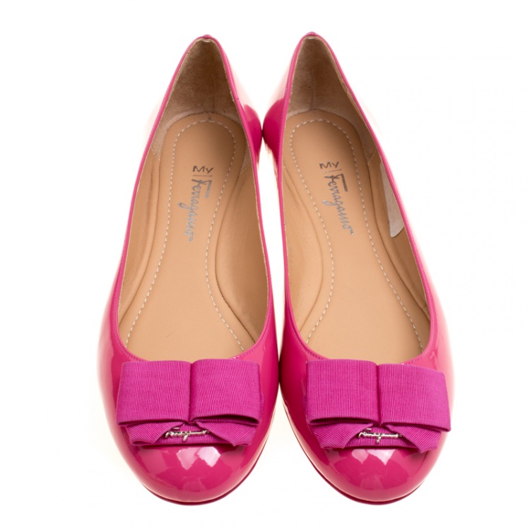Pre Owned Salvatore Ferragamo Pink Patent Leather Bow Ballet Flats Size 41