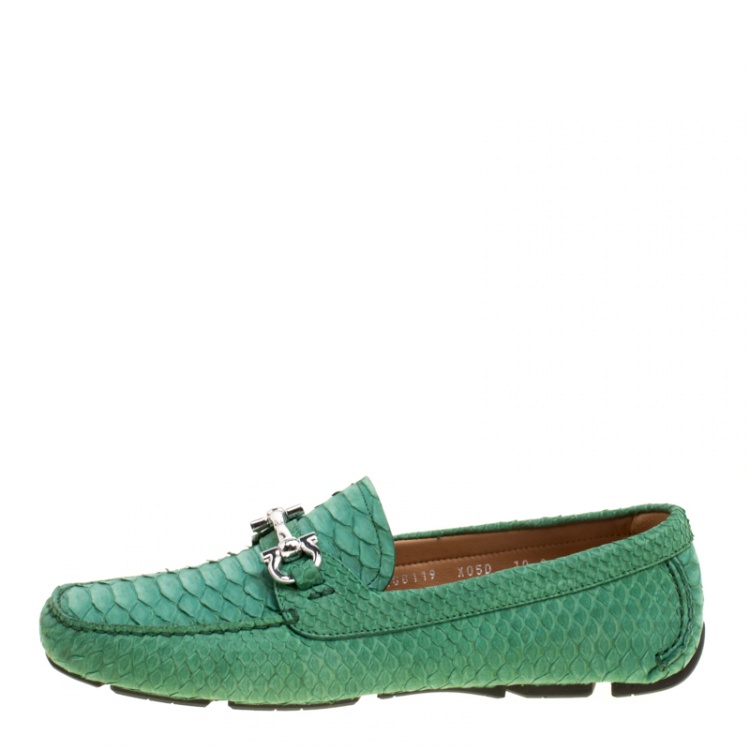 Pre Owned Salvatore Ferragamo Women Green Python Leather Mason Gancio Bit Loafers Size 40.5