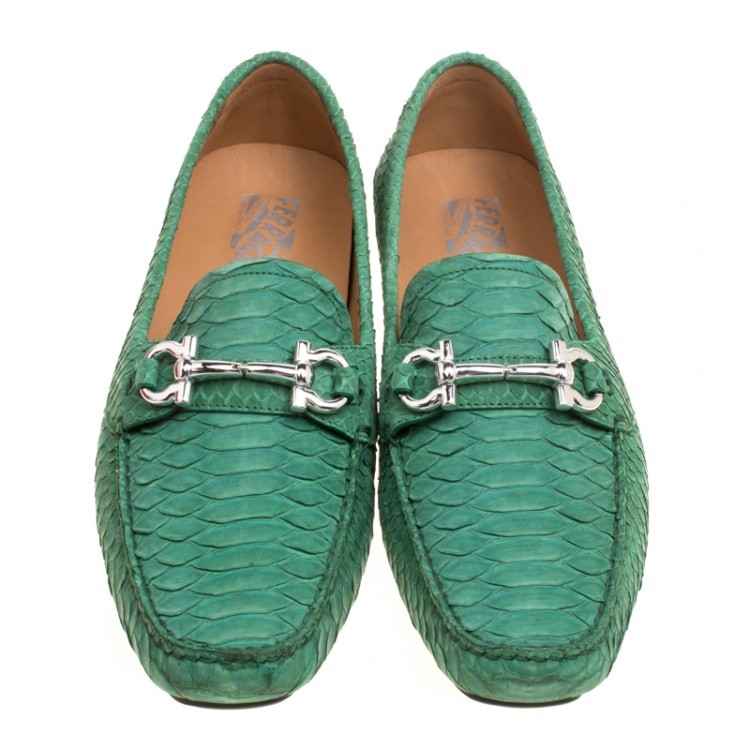 Pre Owned Salvatore Ferragamo Women Green Python Leather Mason Gancio Bit Loafers Size 40.5