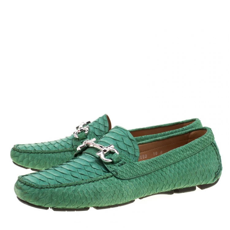 Pre Owned Salvatore Ferragamo Women Green Python Leather Mason Gancio Bit Loafers Size 40.5