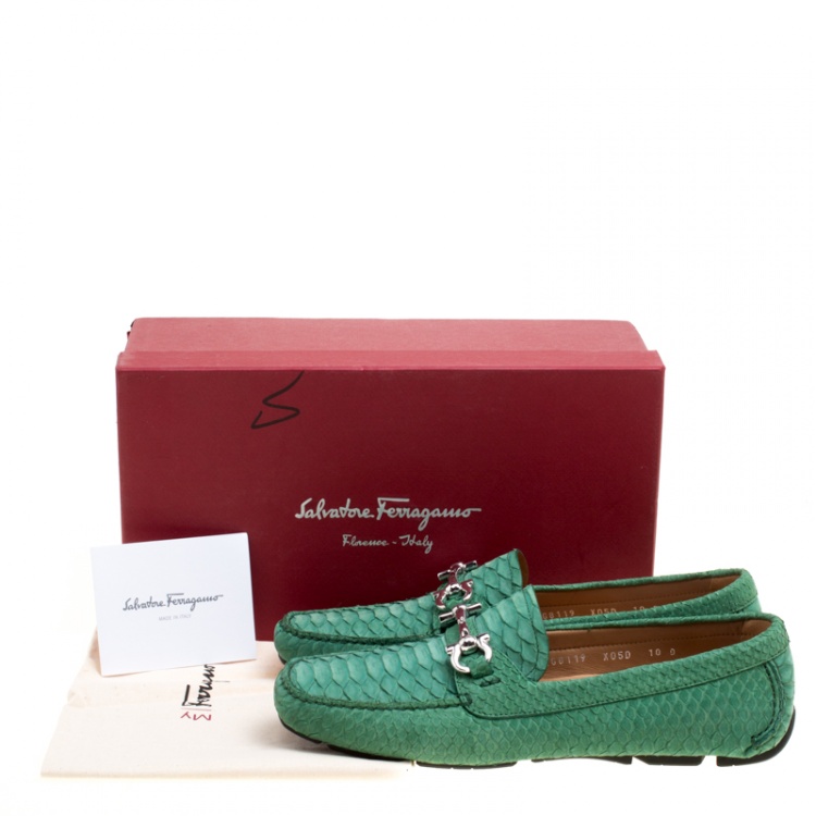 Pre Owned Salvatore Ferragamo Women Green Python Leather Mason Gancio Bit Loafers Size 40.5