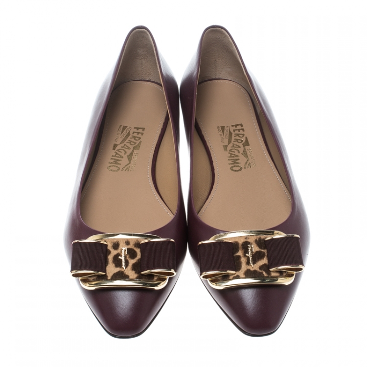 Pre Owned Salvatore Ferragamo Burgundy Leather Lola Ballet Flats Size 40