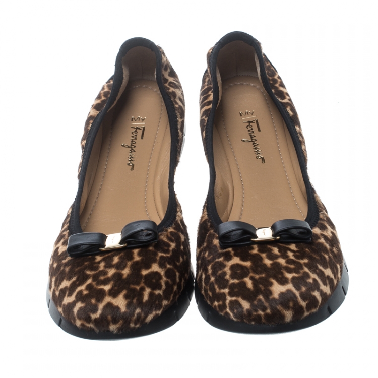 Pre Owned Salvatore Ferragamo Leopard Print Calf Hair My Sporty Bow Embellished Platform Ballet Flats Size 41.5