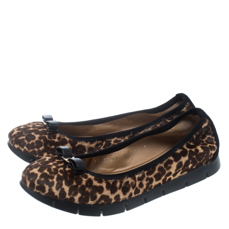 Pre Owned Salvatore Ferragamo Leopard Print Calf Hair My Sporty Bow Embellished Platform Ballet Flats Size 41.5