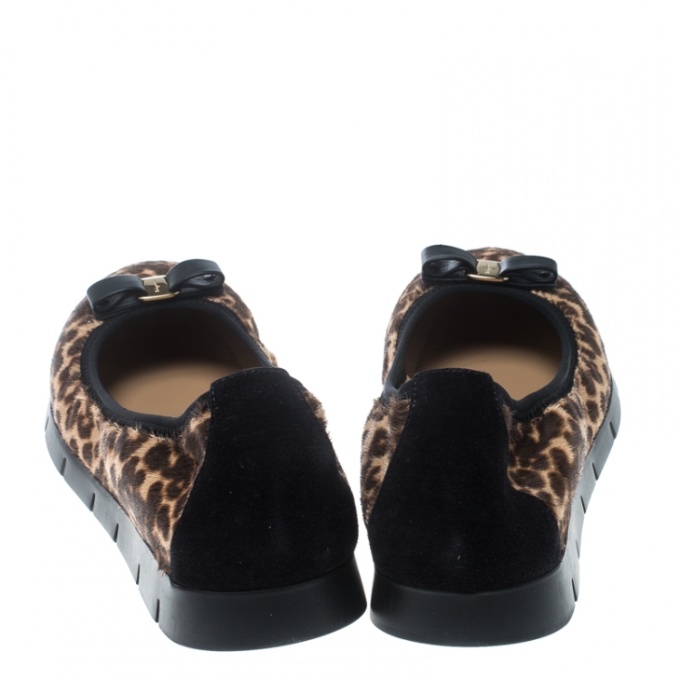 Pre Owned Salvatore Ferragamo Leopard Print Calf Hair My Sporty Bow Embellished Platform Ballet Flats Size 41.5