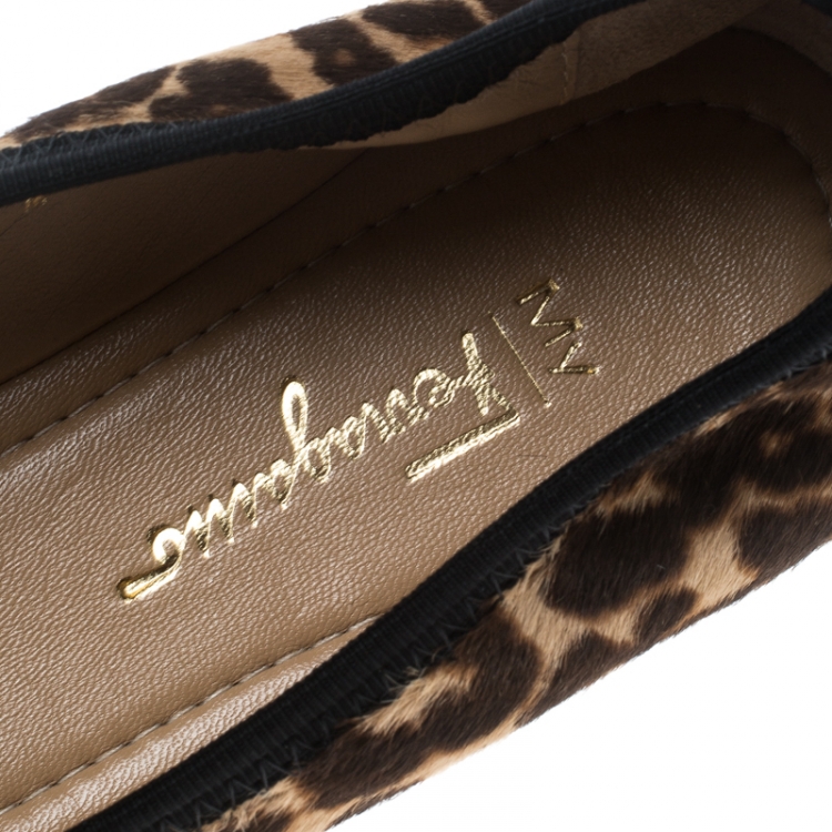 Pre Owned Salvatore Ferragamo Leopard Print Calf Hair My Sporty Bow Embellished Platform Ballet Flats Size 41.5