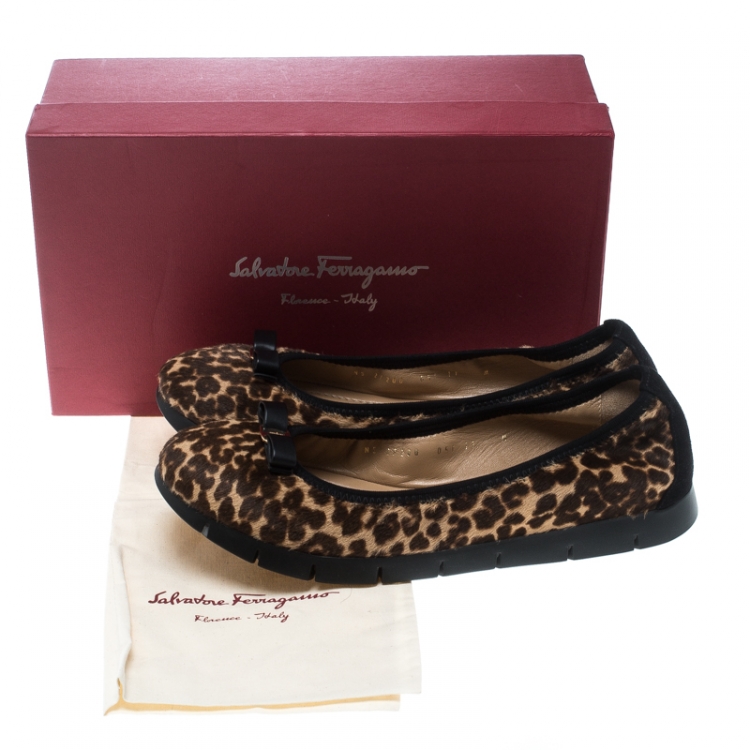 Pre Owned Salvatore Ferragamo Leopard Print Calf Hair My Sporty Bow Embellished Platform Ballet Flats Size 41.5