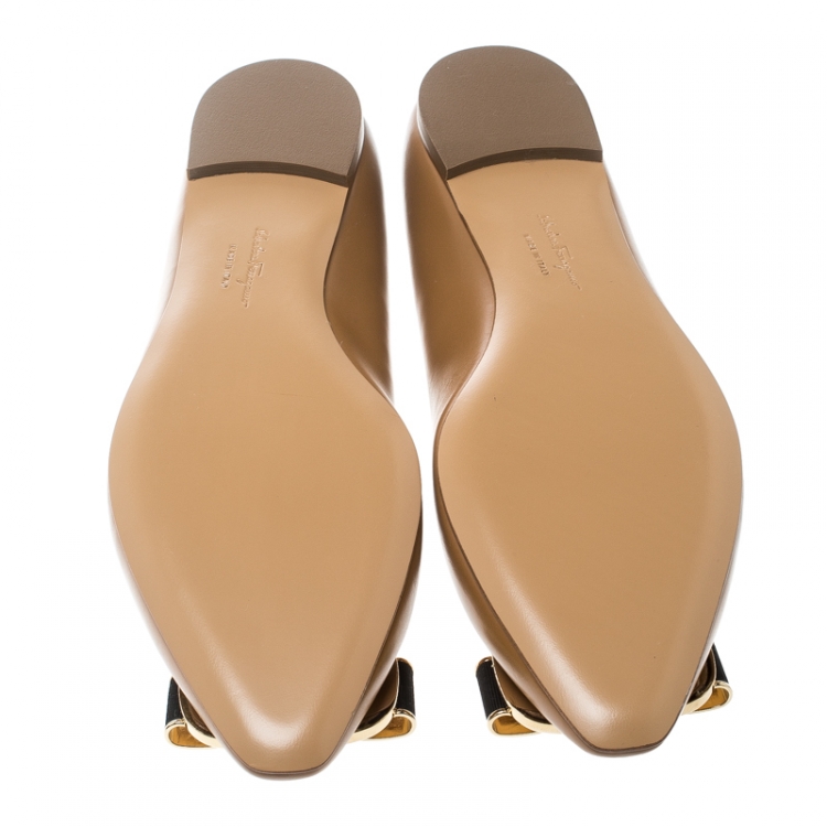 Pre Owned Salvatore Ferragamo Beige Leather Lola Ballet Flats Size 39.5