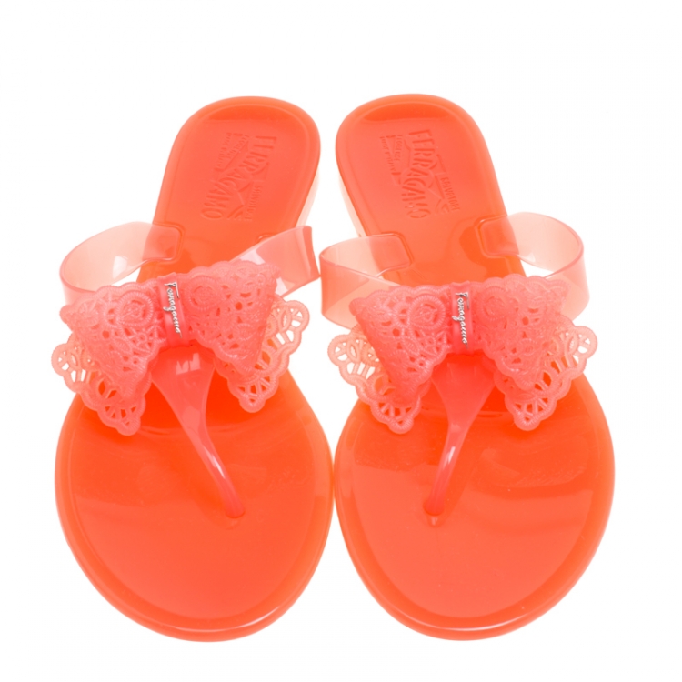 Pre Owned Salvatore Ferragamo Blush Pink Jelly Pandy Bow Detail Flat Thong Sandals Size 40.5