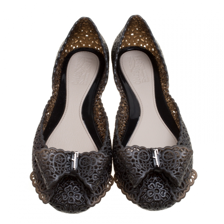 Pre Owned Salvatore Ferragamo Black Nilly Jelly Bow Ballet Flats Size 40.5