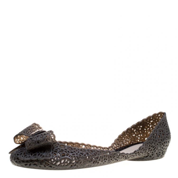 Pre Owned Salvatore Ferragamo Black Nilly Jelly Bow Ballet Flats Size 40.5