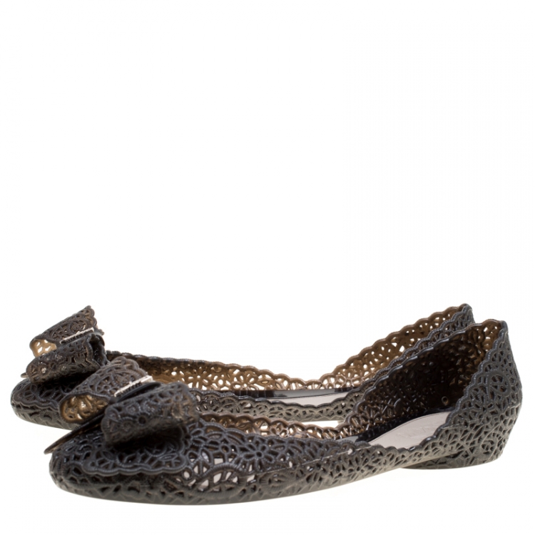 Pre Owned Salvatore Ferragamo Black Nilly Jelly Bow Ballet Flats Size 40.5