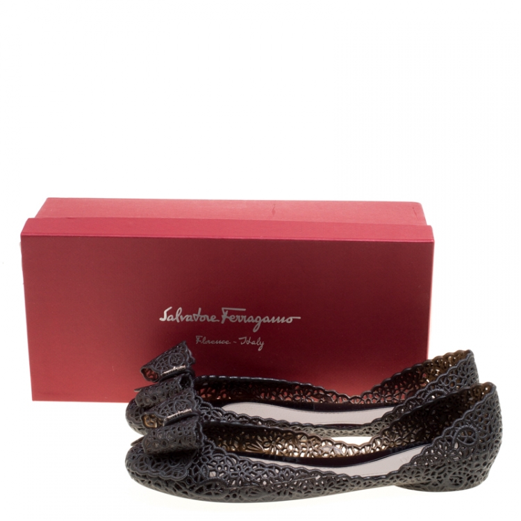 Pre Owned Salvatore Ferragamo Black Nilly Jelly Bow Ballet Flats Size 40.5