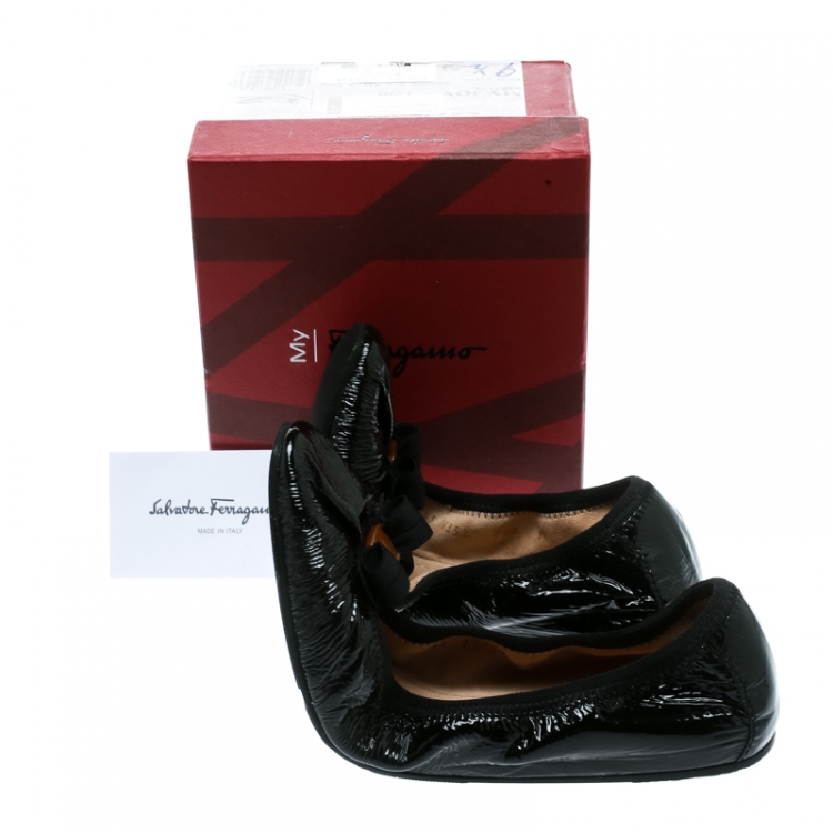 Pre Owned Salvatore Ferragamo Black Patent Leather My Joy Scrunch Ballet Flats Size 40
