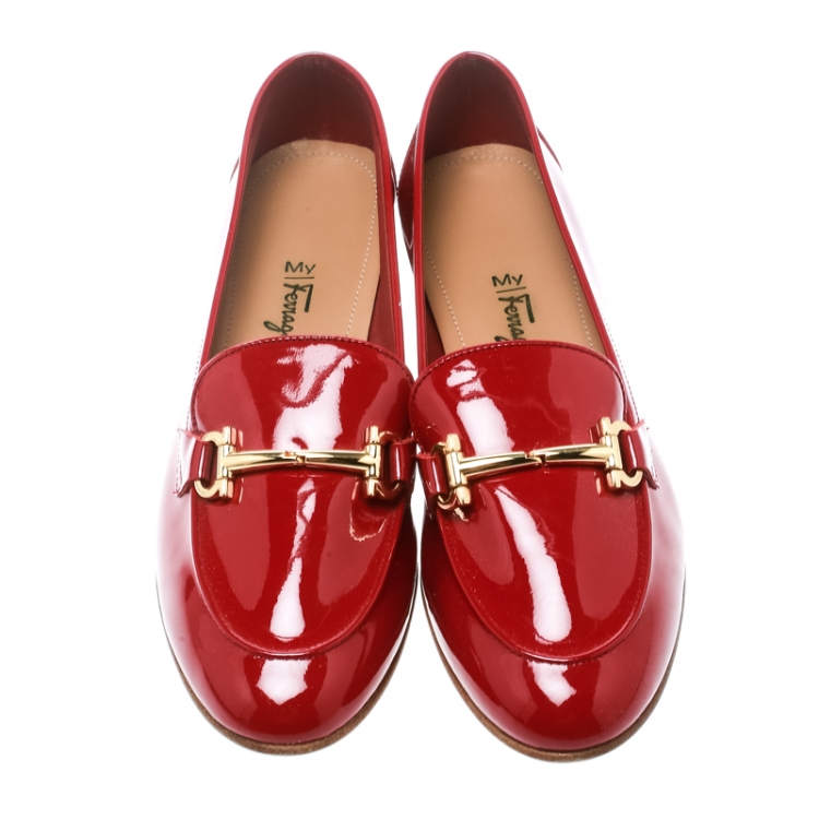 Pre Owned Salvatore Ferragamo Red Patent Leather Funes Gancio Bit Loafers Size 40.5