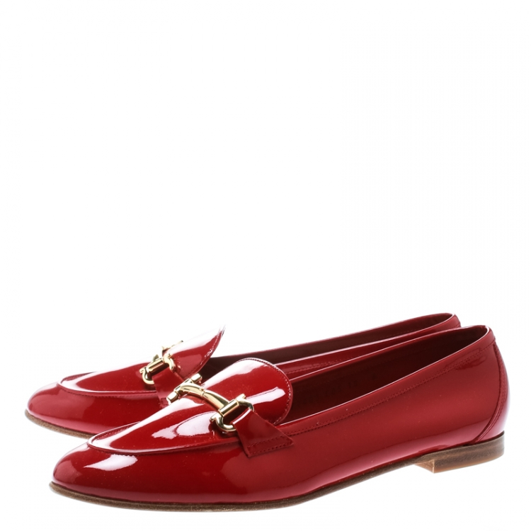 Pre Owned Salvatore Ferragamo Red Patent Leather Funes Gancio Bit Loafers Size 40.5